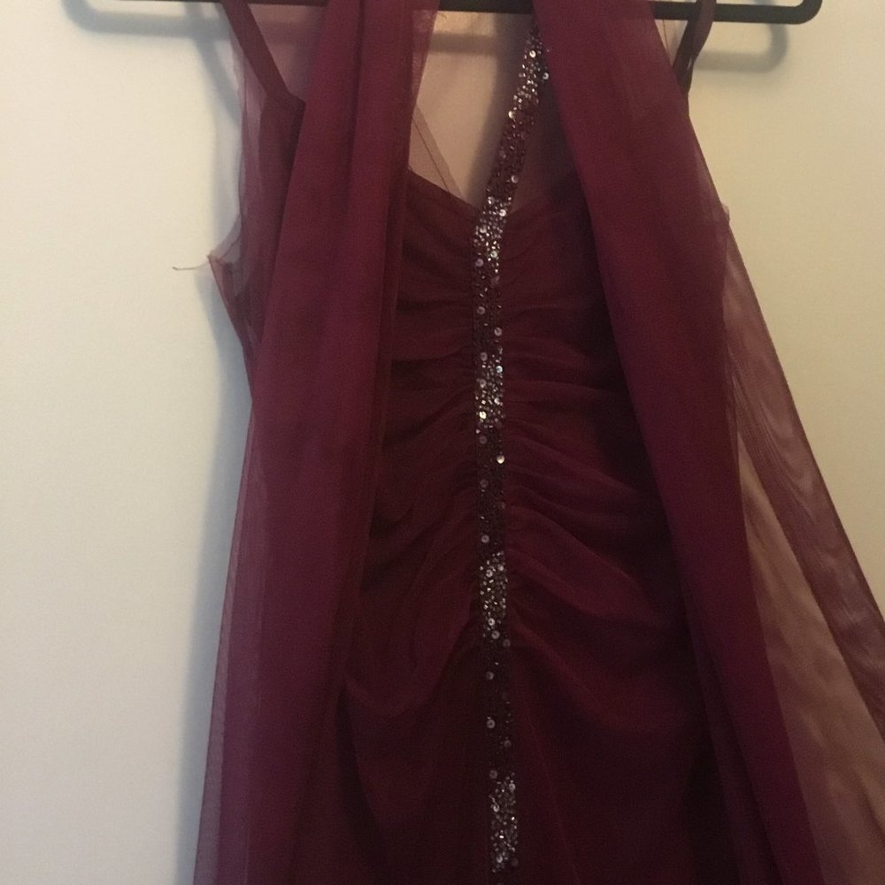 Alpha Beta Burgundy Beaded Chiffon Evening Gown